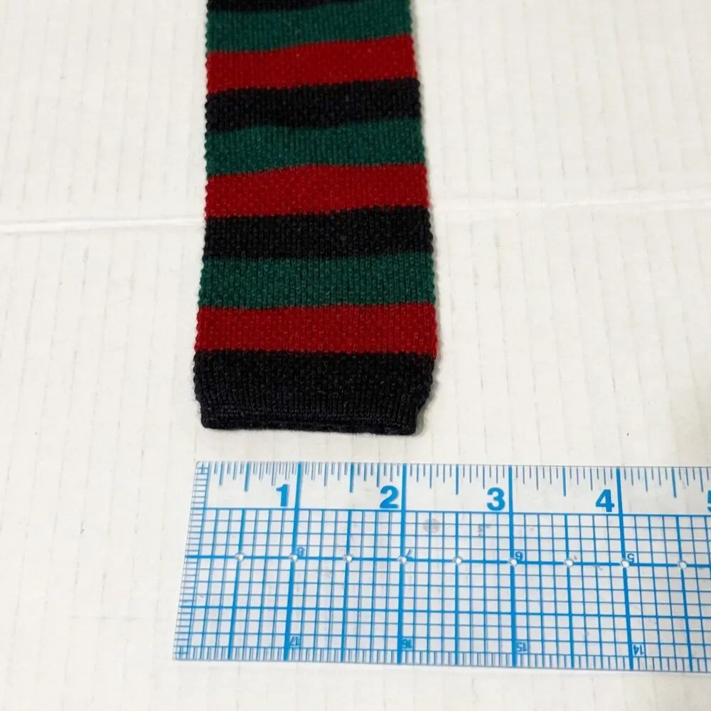 Vtg Square Knit Neck Tie Red Navy Pine Green Striped 100% Wool Made Italy